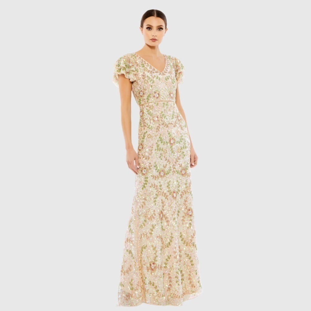 Mac Duggal 10772 NWT Embellished Ruffled Cap Sleeve V Neck Gown